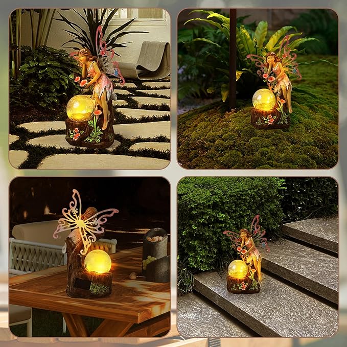 Garden Fairy Statue Outdoor Decor-Solar Flower Fairy Figurines-Garden Fairies Statues Decoration for Outside Lawn Yard Patio,Garden Ornament Gift,Tall 11.8 Inches