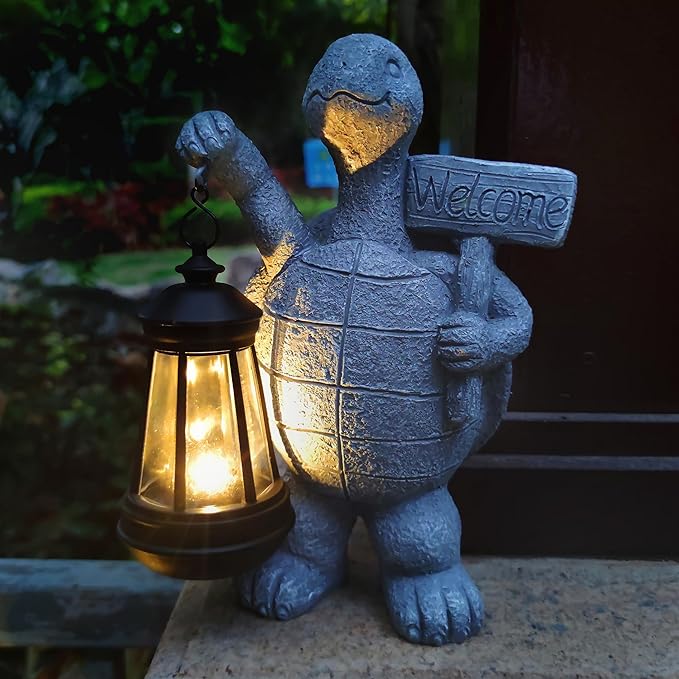 Solar Turtle Garden Outdoor Statues,Resin Turtles Figurine Decorations with Solar Lights Lantern, Outdoor Turtle Art Decor for Lawn,Yard, Unique Housewarming Gift for Garden Home