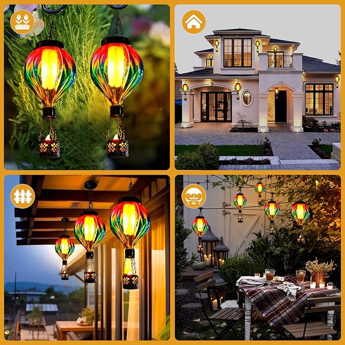 Hot Air Balloon Solar Lantern Outdoor Waterproof with Flickering Flame Gifts for Women Grandma Mom Glas Hanging Solar Lights Decorative for Outside Wall Front Porch Yard Garden Fence