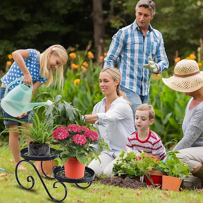 2 Tier Black Plant Stand, Metal Flower Stand Indoor Outdoor, Anti-Rust Iron Plant Shelf, Round Flower Pot Stands for Multiple Plants, Display Rack Potted Plant Holders for Garden Home Decor