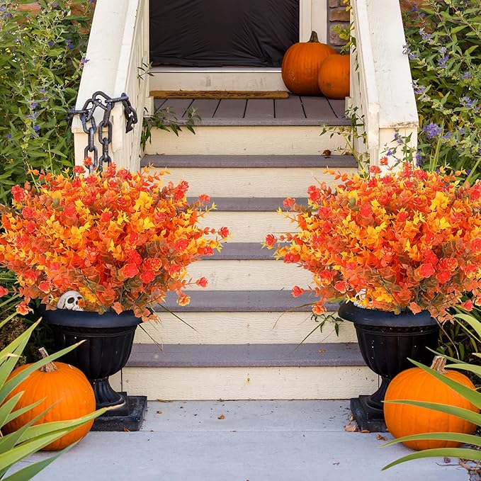 12 Bundles Artificial Fall Flowers Outdoor,No Fade Fake Plastic Flowers,Faux Autumn Plants for Thanksgiving Xmas Decor,Hanging Planters Indoor Outside Garden Porch Window Box Home Wedding