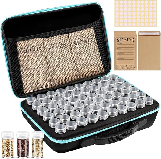 60 Slots Seed Storage Organizer with 20 Seed Envelopes, Sturdy Seed Organizer Storage Box with Zipper Bag Label Stickers(Seeds not Included), Seed Storage Container for Flower Plants Garden
