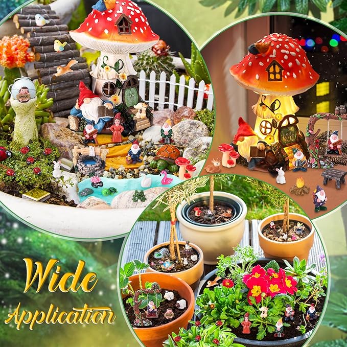 HyDren 100 Sets Garden Gnome Statue Set Mushroom House Solar Light Gnome Miniatures Figures Decor Fairy Resin Statues Garden Accessories for Yard Patio Lawn Outdoor Micro Landscape Ornaments