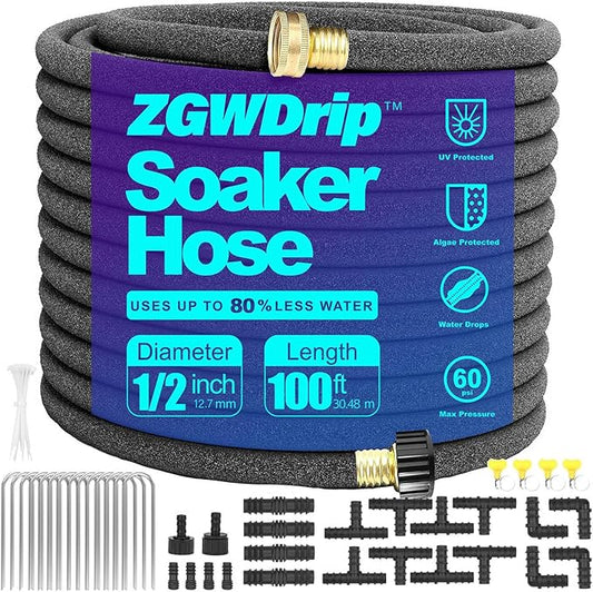 Soaker Hose 100 FT,1/2 Inch Soaker Garden Hose with 3/4" Solid Brass Connectors