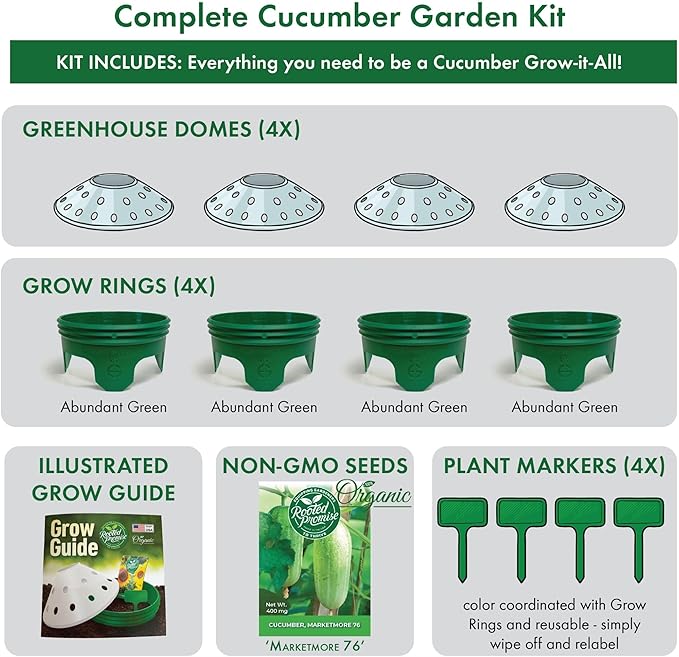 Cucumber Garden Kit with Grow Rings, Greenhouse Germination Domes, Seeds, Markers, Instructions – Gardening Gift for Mom, Teachers, Women, and Men – Made in USA