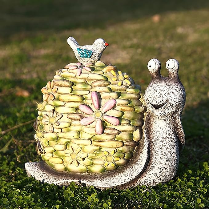 Garden Statue Snail Figurine and Bird - Cute Snail Solar Fairy Garden Statues Decorations for Patio Yard Lawn Porch Ornament Animal Gift