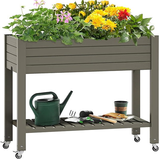 YITAHOME 3.6x1.5x2.8 FT Elevated Garden Bed Kit with Legs and Wheels, Outdoor Large Resin Planter Box Stand with Drain Plug and Storage Shelf for Plants Vegetables Fruits, Light Brown