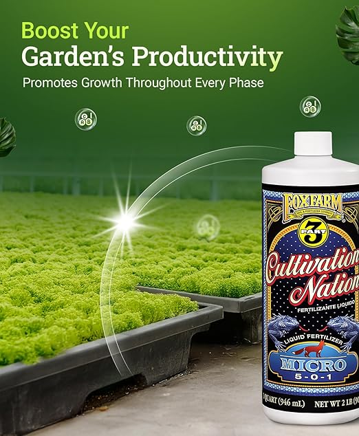 FoxFarm Cultivation Nation Micro Liquid Fertilizer - Micronutrients for Strong Plant Development, Ideal for Soil, Hydroponics & Aeroponics - Part 2 of 3-Part Feeding Program- NPK 5-0-1 (Quart)