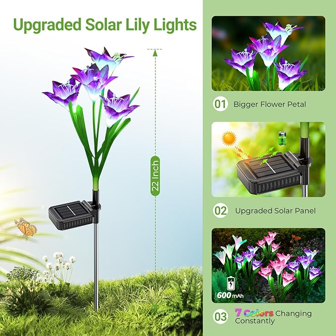 WdtPro Solar Outdoor Lights Garden Decorative 10 Pack, Waterproof Solar Garden Lights with 40 Lily Flowers, Multi-Color Changing Outdoor Solar Lights for Yard Outside Garden Decorations