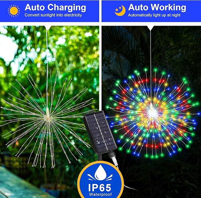 Solar Firework Lights Outdoor, 600 LED Starburst Light Outdoor with USB Rechargerable, 8 Modes Waterproof Solar Hanging Lights for Gazebo Yard Party Wedding Decorations (Multicolored, 600 LED)