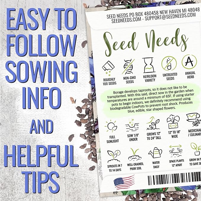 Seed Needs Blue Borage Seeds for Planting - Heirloom, Non-GMO & Untreated - Blue Star Flowers to Attract Bees, Butterflies & Other Pollinators (2 Packs)