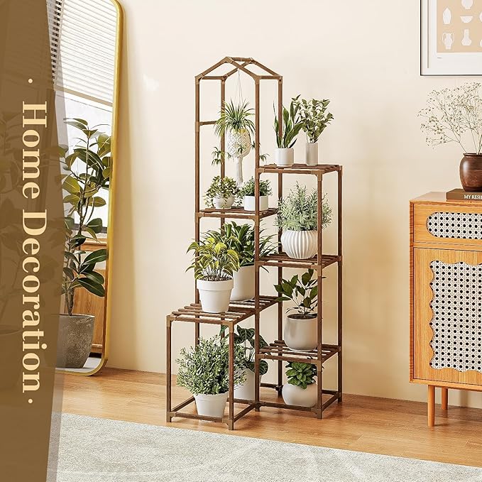 Bamworld Corner Plant Stand Indoor Tall Plant Shelf Outdoor Wood Plant Table for Multiple Plants Hanging Plant Rack for Window Garden Balcony Living Room