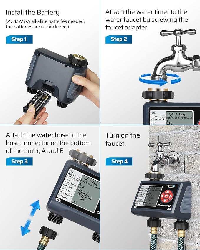 DEWENWILS Sprinkler Timer 2 Zone, Water Timer for Garden Hose, Programmable Hose Timer Faucet Watering with Automatic/Rain Delay/Manual Mode, Outdoor Irrigation Controller for Lawn, Yard