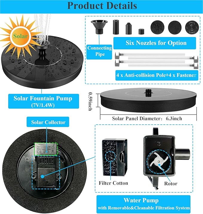 Solar Bird Bath Fountain Pump with 6 Nozzle and Anti-Collision Pole,1.4w Solar Powered Free Standing Floating Water Pump for Fish Tank, Pond, Pool, Garden and Outdoor