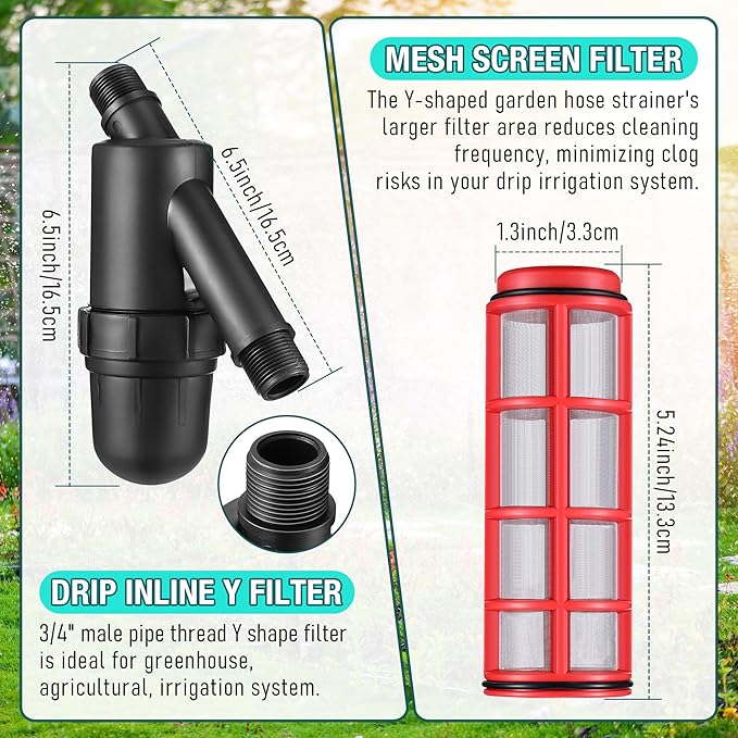 Drip Irrigation Pressure Regulator and Filter, 25 PSI Water Backflow Preventer for 3/4'' Garden/Faucet Hose Thread and Drip Irrigation Inline Y Filter, 3/4" x 3/4" FHT Hose Thread Connections