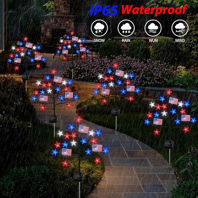 Upgraded 4th of July Decorations Solar Lights, 2 Packs 40LED Red White and Blue 4th of July Stake Lights, Outdoor Waterproof Memorial Day Decorations Patriotic Lights for Garden Yard Pathway Grave
