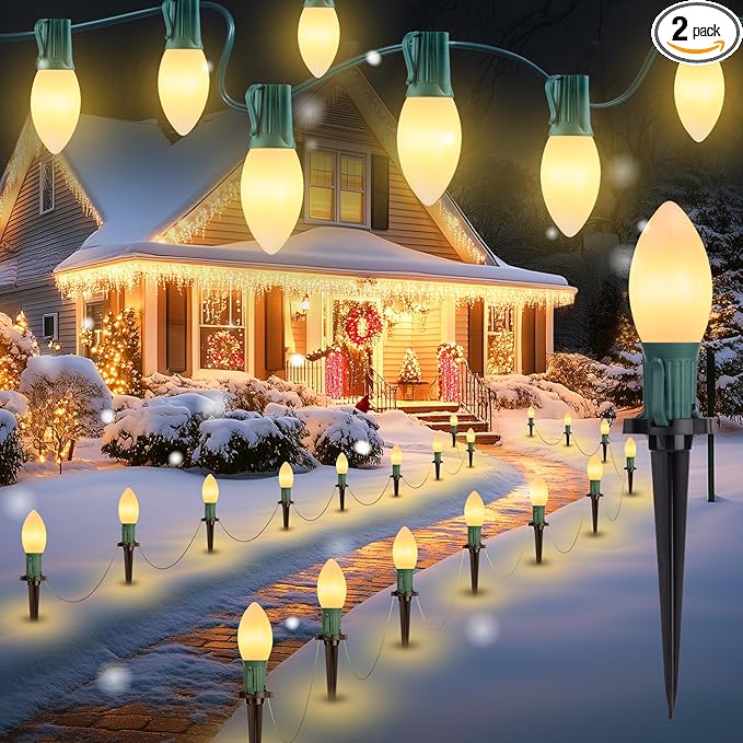 Brightown Frosted C9 LED Christmas Lights Outdoor, 2 Packs Total 64Ft Christmas Pathway Lights with 50 LED Bulbs and Stakes, Christmas Decorations Outside Driveway Walkway Sidewalk, Warm White