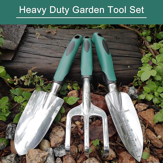 FANHAO Garden Tools Set, 3 Piece Heavy Duty Gardening Tools Cast Aluminum with Soft Rubberized Non-Slip Handle, Durable Garden Hand Tools Garden Gifts for Men Women