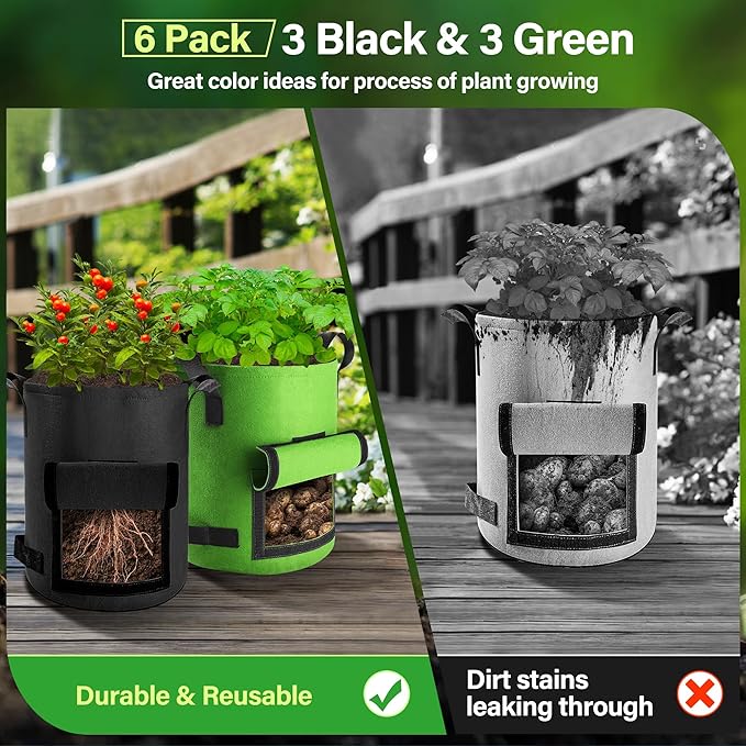 6 Pack Potato Grow Bags 10 Gallon with Flap, Grow Bags for Growing Potatoes, Duarable Fabric Garden Planter Pots with Harvest Window for Vegetable and Fruits, Black & Green