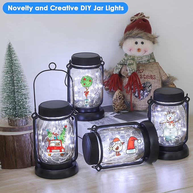 Mlambert Cool White 4 Pack Solar Hanging Mason Jar Lights with Stakes, Waterproof Decorative 30 LEDs Outdoor Solar Lantern Lamp Patio Garden Tree Yard