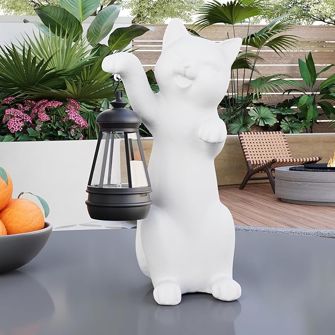 Solar Powered Garden Resin Statue Lights, 10 Inch Waterproof Outdoor Animal Cute Cat Figurine Lights, Suitable for Patios, Balconies, Lawns, Courtyards, Etc (Hand)