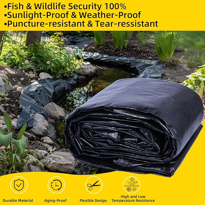 TEZONG Pond Liner,15x20Ft Pond Liners for Outdoor,28Mil PE Black Koi Fish Pond Liners,Reinforced Pond Underlayment for Water Garden,Waterfall,Fountain