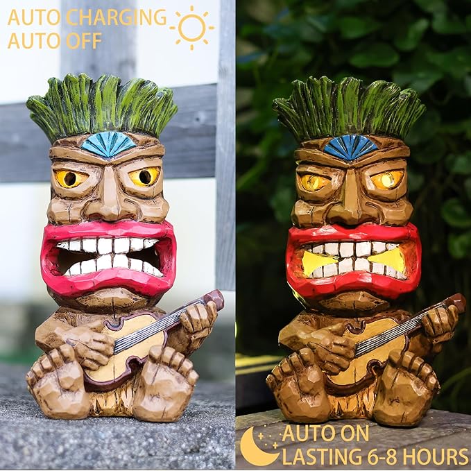Solar Tiki Statue Outdoor Decor-Garden Guitar Tiki Statues-Tiki Bar Decorations for Outdoor Patio Yard Lawn Balcony Bar Party,Waterproof Garden Sculpture 10.35 Inch Tall