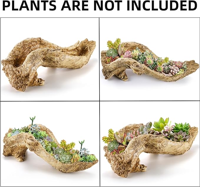 Artificial Driftwood Planter, Sculpture Resin Succulent Flower Pot, Creative Imitation Wood Stump Log Bonsai Plant Pot, Rustic Cactus Container with Drainage Hole for Garden, Indoor, Outdoor