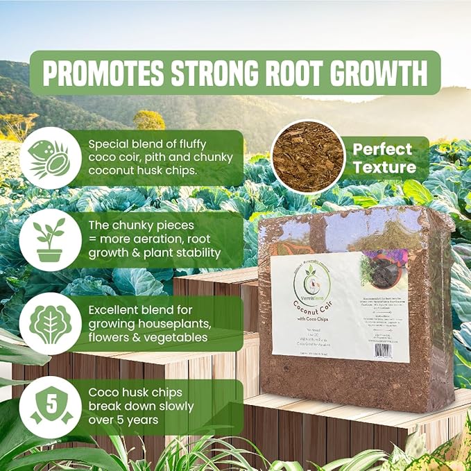 Coco Coir and Chips, Compressed Brick - Approx 9 LB (1.7 cu ft) - for Container Garden and Potting Mix, Coconut Coir with Chunky Chips for Aeration and Stability