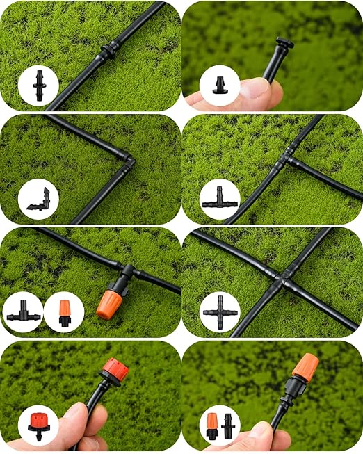 300Pcs Drip Irrigation Fittings Kit for 1/4" Tubing, Drip Line Connectors for Drip Systems- Drip Emitters, Nozzles, Nozzle Tees, Single barbs, 4-Way Connectors, End Plugs, Elbows, Tees, Couplings