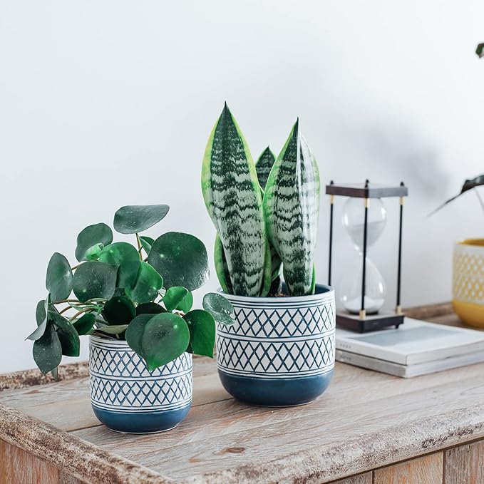 Ceramic Plant Pots, 6 + 4.7 inch Blue Plant Pot, Flower Pots for Indoor Plants， Planter with Drainage Hole for Succulent Orchid Snake Plants Cactus