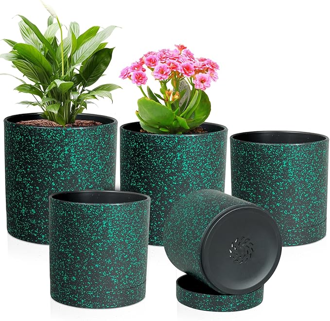 7/6.5/6/5/4 inch Plant Pots, 5 Pack Cylinder Flower Pots for Small Indoor Outdoor Plants, Plastic Planters with Drainage Holes and Saucer for Garden Succulent Plants, Black With Green Speckles