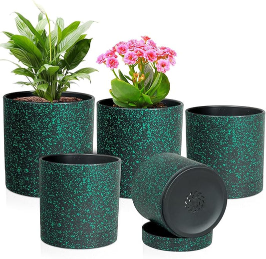 7/6.5/6/5/4 inch Plant Pots, 5 Pack Cylinder Flower Pots for Small Indoor Outdoor Plants, Plastic Planters with Drainage Holes and Saucer for Garden Succulent Plants, Black With Green Speckles