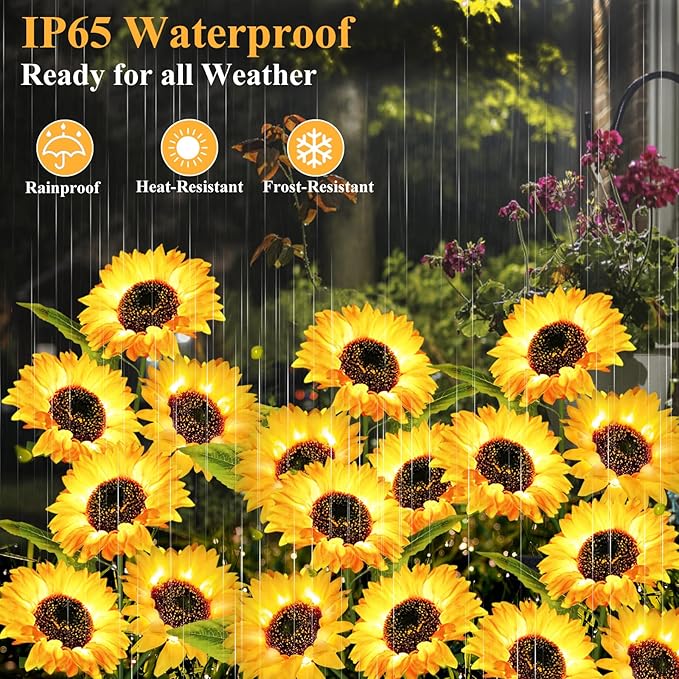 Solar Garden Lights Outdoor Waterproof, 2 Pack Solar Powered Decorative Sunflower Garden Stake Lights for Outdoor Patio Pathway Walkway Landscape Yard Cemetery Grave Decorations