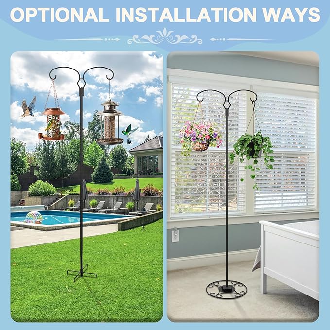 Liitrton 62.6 Inch Shepherds Hooks for Outdoor, Adjustbale Double Shepherds Hooks Hummingbird Feeder Stand Bird Feeder Pole Wind Chime Stand with Round Base, 4 Prongs Base and Water Weight Bag