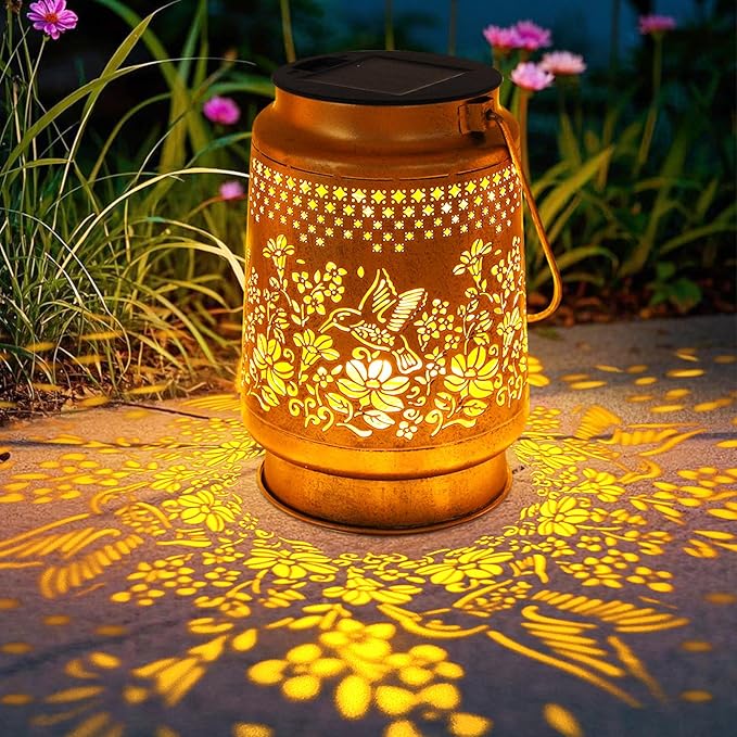 2 Pack Solar Lanterns Outdoor Hanging Lanterns with Shepherd Hook, Birthday Gifts for Women Mom Grandma Hummingbird Metal Decor Lantern Waterproof Solar Lights LED Decorative for Garden Yard Patio