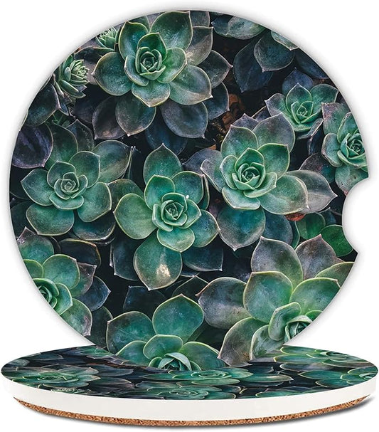 Succulent Floral Plant Flower Car Coasters,Ceramic Absorbent Cup Holders with Finger Notch & Cork Base Car Assecories for Women/Men 2.6"(2 Pieces)