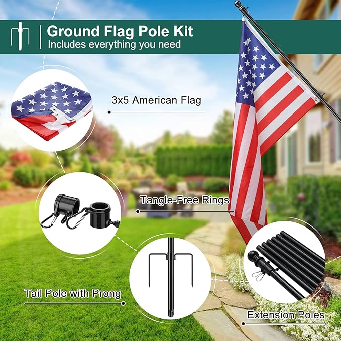 2 Pack Ground Flag Pole for Outside House - 8.5 FT Tangle Free Heavy Duty Flag Pole Kit with Windproof Stand,Outdoor Inground Flag Holder for Yard Garden, Includes Bonus 3x5 American Flag,Black