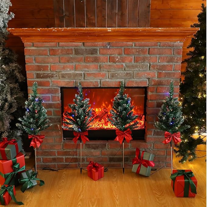 VIHOSE 8 Pcs Solar Christmas Trees Garden Stake Lights Outdoor Xmas Pathway Lights with Decorative Bows Solar Powered Pre-lit Christmas Tree Decor for Outdoor Winter Garden Patio