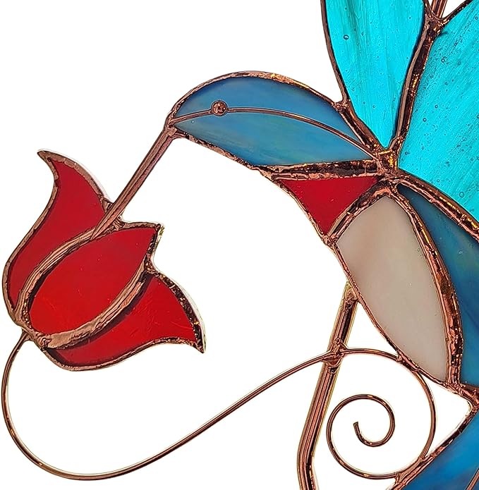 Stained Glass Window Plant Hanger - Hummingbird with Red Flower - Sun Catcher Plant Hook with Copper Hooks Top and Bottom for Indoor and Outdoor Use