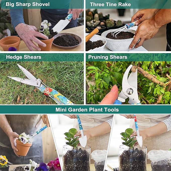 Garden Tool Set, Stainless Steel Heavy Duty Gardening Tools 30 PCS w/Floral Print, Trowel Rake Weeder Pruner Shears Sprayer Digging Claw Gloves, Ideal Gardening Set for Women