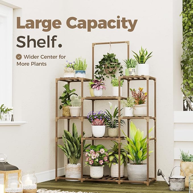 Bamworld Plant Stand Indoor Outdoor Large Plant Shelf Tall Hanging Plant Holder Wood Flower Stand for Window Living Room Garden Balcony Home Decor Flower Patio 3 Tiers