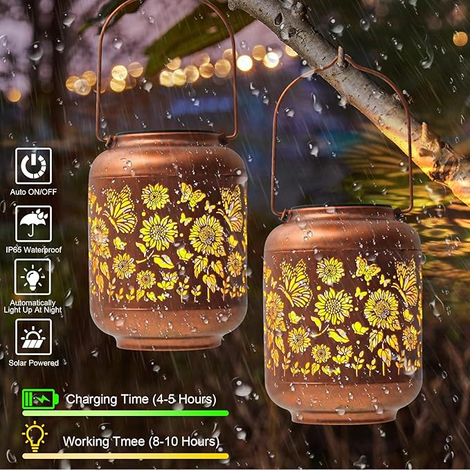 2-Pack Birthday Gifts for Women Mom Grandma Solar Lanterns Outdoor Waterproof Butterfly Garden Decor Hanging Metal Lights Outside for Yard,Patio,Backyard,Porch