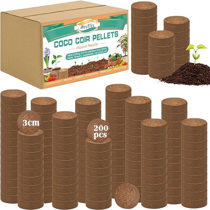 ZeeDix 200pcs(30mm) Coco Coir Pellets Potting Soil Indoor Plants, Compressed Coconut Coir Soil Pellets Seed Starting Pellets Soil Discs for Planting Flowers Bonsai Herbs Plants and Vegetables
