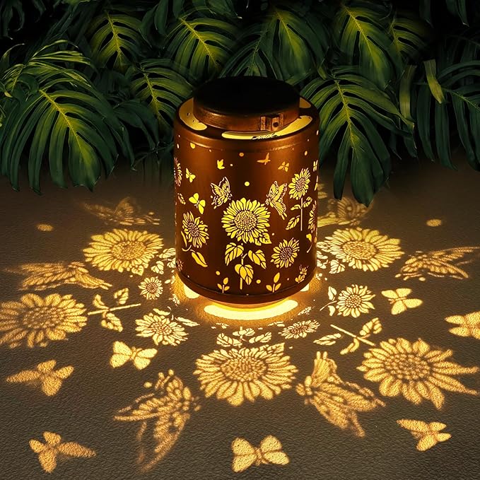 Solar Outdoor Hanging Waterproof Lantern Butterflies Garden Decor LED Light Solar Metal Lantern Gifts for Girl Women Solar Decoration for Patio Pathway Yard, Gold, T-DL-204