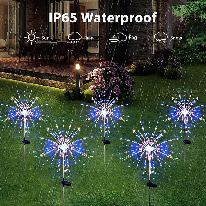 Solar Garden Firework Lights Outdoor Waterproof 4 Pack 120 LED Sparklers Solar Lights for Outside Patio Backyard Yard Pathway Walkway Decorations (Colorful)