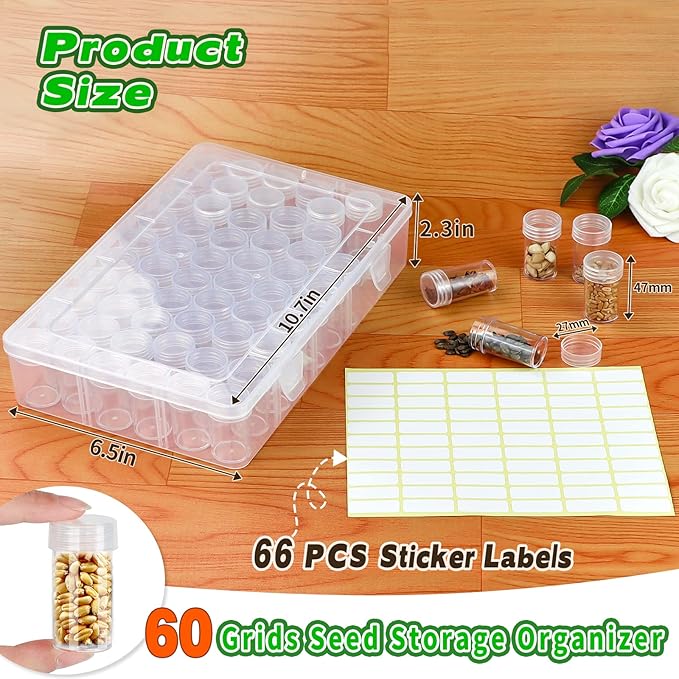 60 Slots Seed Storage Box, Seeds Storage Organizer with Label Stickers(seeds not included), Seed Container Storage used for Flower Seeds, Vegetable Seeds, Clover Seeds, Basil Seeds, Tomato Seeds