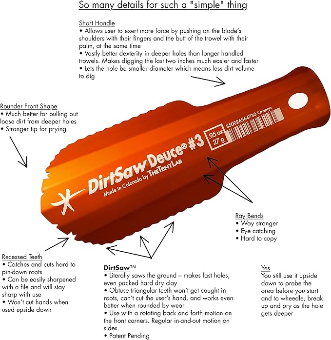 DirtSaw® Deuce #3 - .97 oz Ultralight Backpacking Trowel, Color: madeinUS–Purple