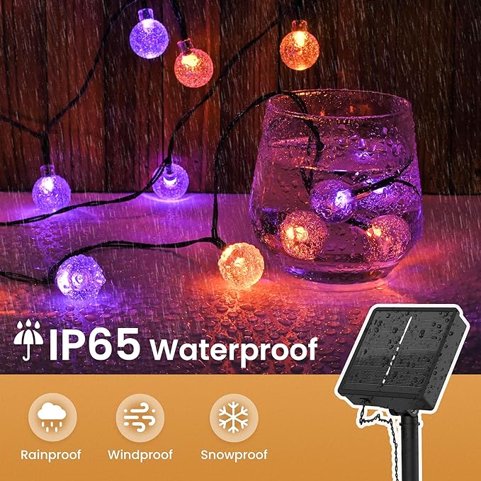 2 Pack Solar Lights Outdoor Waterproof, Total 72ft 120 LEDs Crystal Globe with 8 Modes, Solar Powered String Lights for Outside, Patio Garden Backyard Christmas Wedding Party Decor (Purple and Orange)