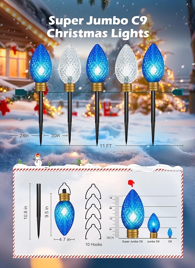 Moonflor Strawberry Super Jumbo Christmas Lights Outdoor - 11FT 5 LED Jumbo C9 Christmas Pathway Lights,Hanging String Lights,Christmas Lights Outdoor Decorations for Lawn Holiday Yard, Blue White